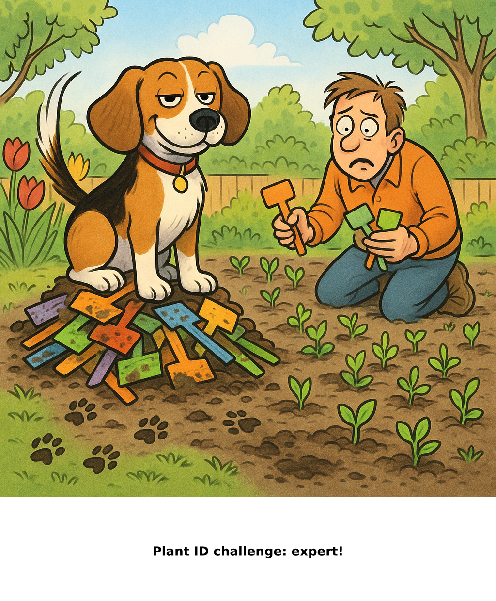 Daily Evil Beagle cartoon for May 19, 2026: Rufus thinks, "Plant ID challenge: expert!"