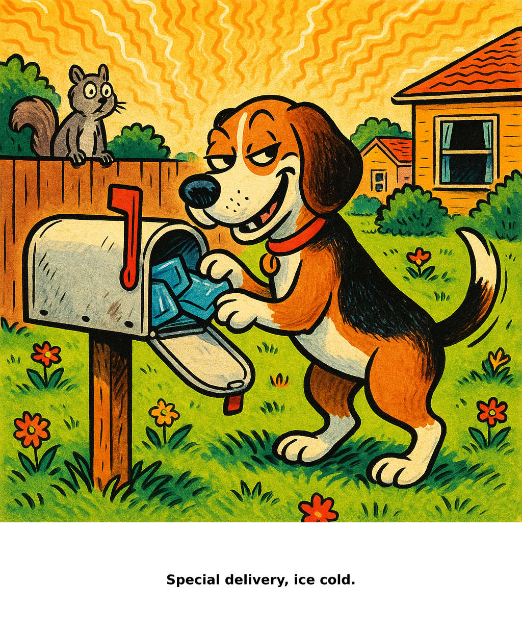 Daily Evil Beagle cartoon for July 22, 2026: Rufus thinks, "Special delivery, ice cold."