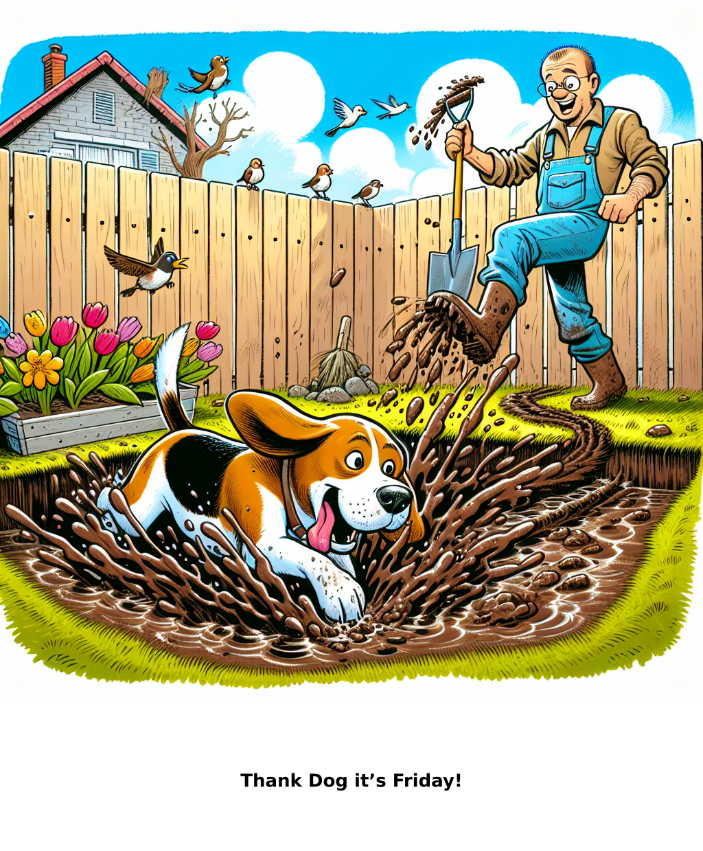 Daily Evil Beagle archive cartoon for May 8, 2026: Rufus thinks, "Thank Dog it’s Friday!"