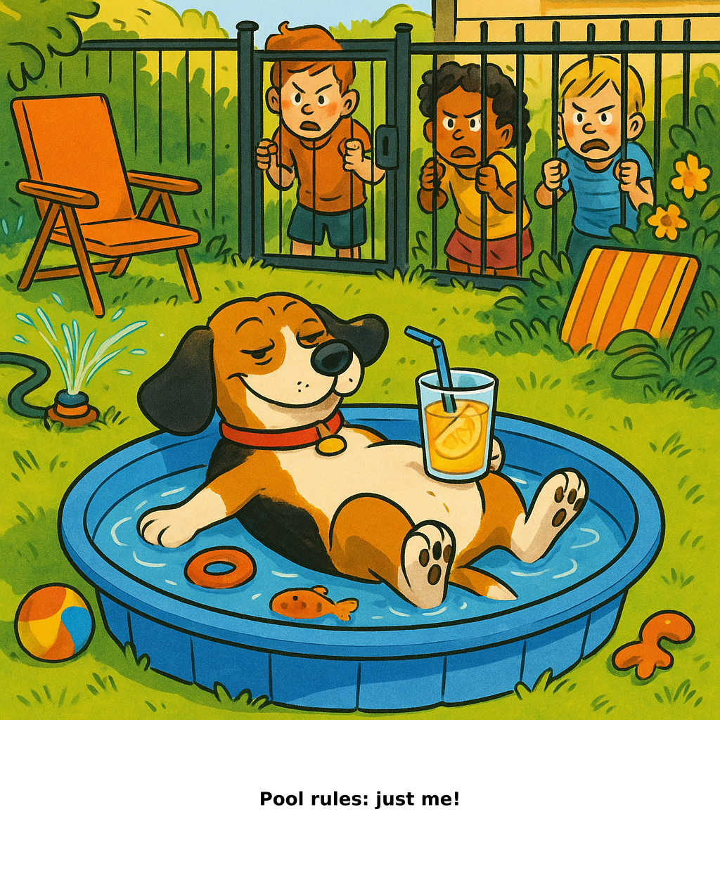 Daily Evil Beagle cartoon for August 8, 2026: Rufus thinks, "Pool rules: just me!"
