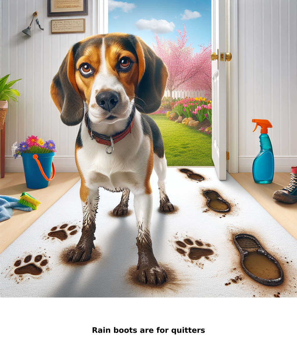 Daily Evil Beagle cartoon for May 11, 2026: Rufus thinks, "Rain boots are for quitters"