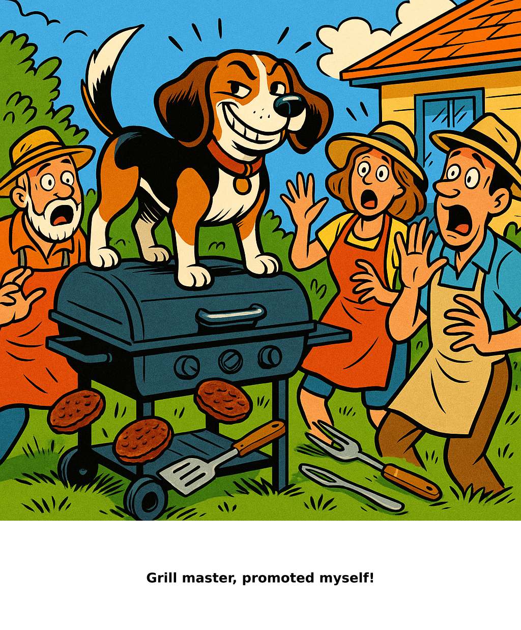 Daily Evil Beagle cartoon for June 6, 2026: Rufus thinks, "Grill master, promoted myself!"