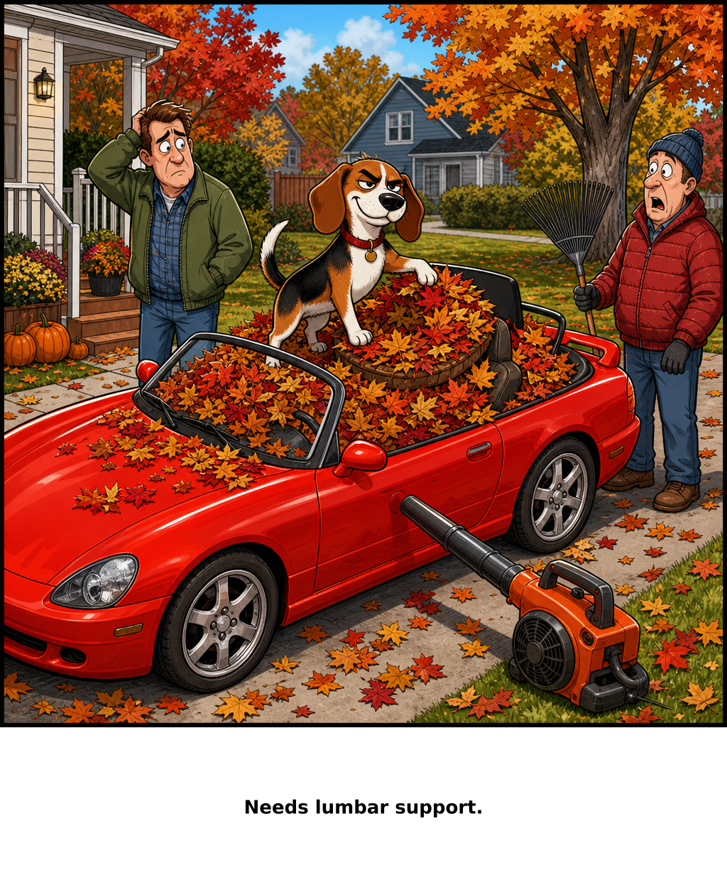 Daily Evil Beagle archive cartoon for September 18, 2026: When did your car start nesting?