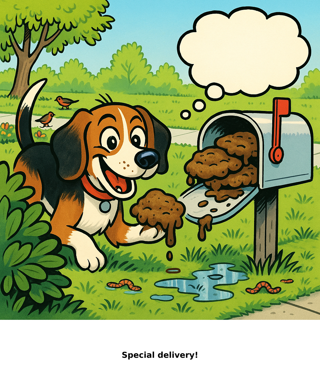 Daily Evil Beagle archive cartoon for May 13, 2026: Rufus thinks, "Special delivery!"