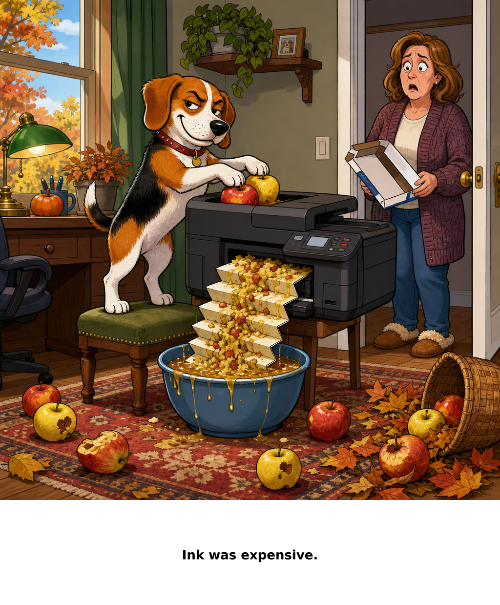 Daily Evil Beagle archive cartoon for October 8, 2026: Take the apples out. Printers already jam for free.