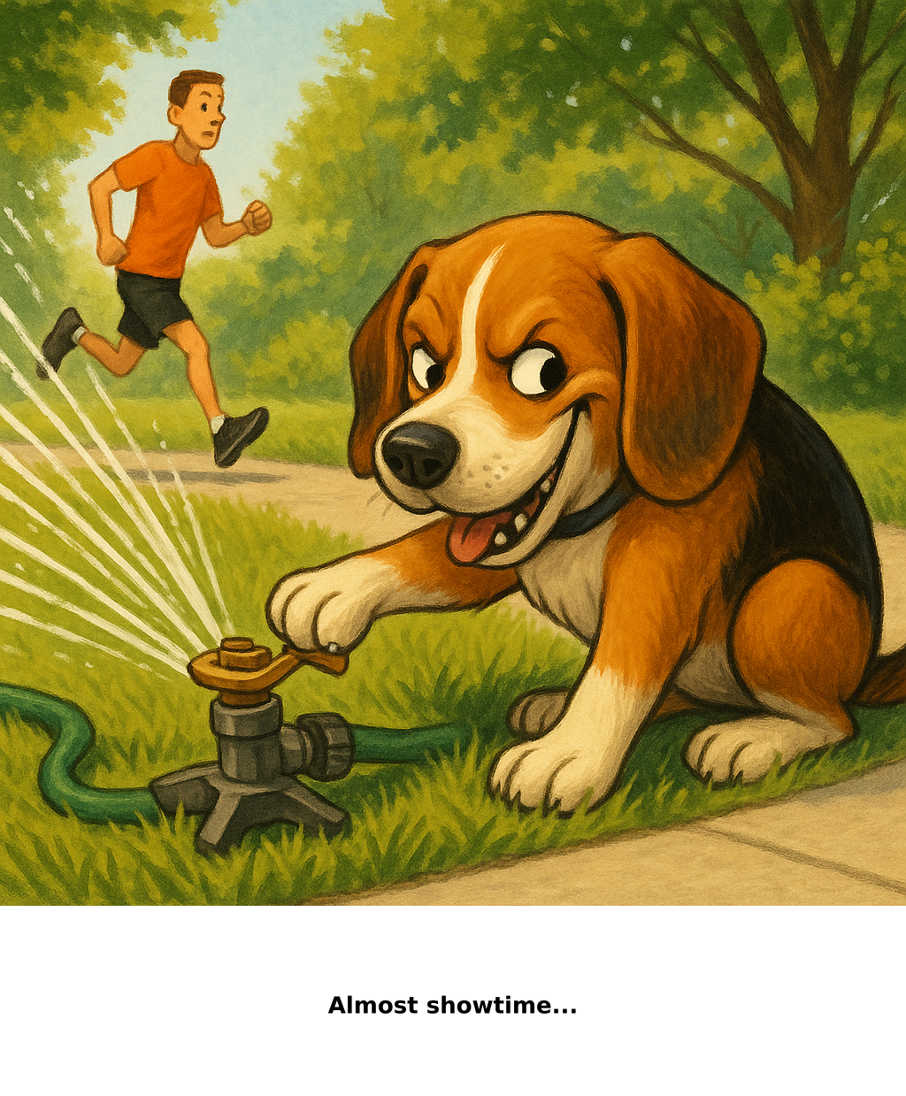 Daily Evil Beagle cartoon for July 23, 2026: Rufus thinks, "Almost showtime..."