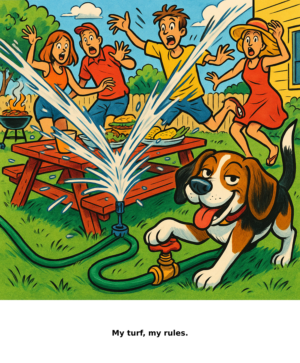 Daily Evil Beagle cartoon for June 13, 2026: Rufus thinks, "My turf, my rules."