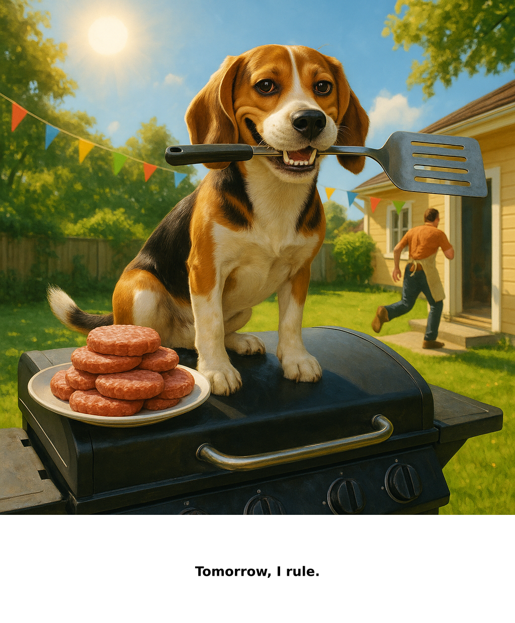 Daily Evil Beagle cartoon for August 6, 2026: Rufus thinks, "Tomorrow, I rule."