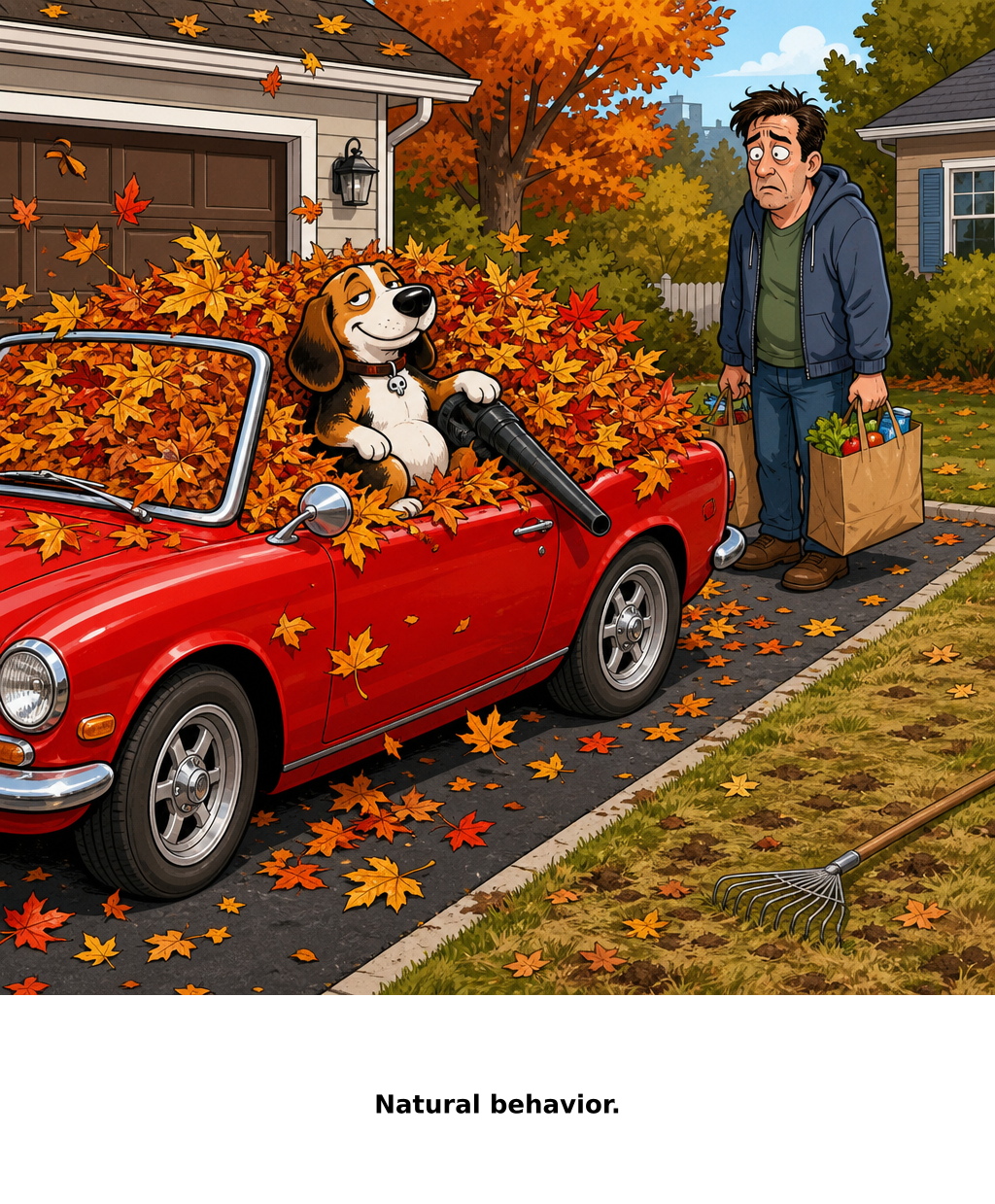 Daily Evil Beagle archive cartoon for October 15, 2026: Convertibles nest when startled.