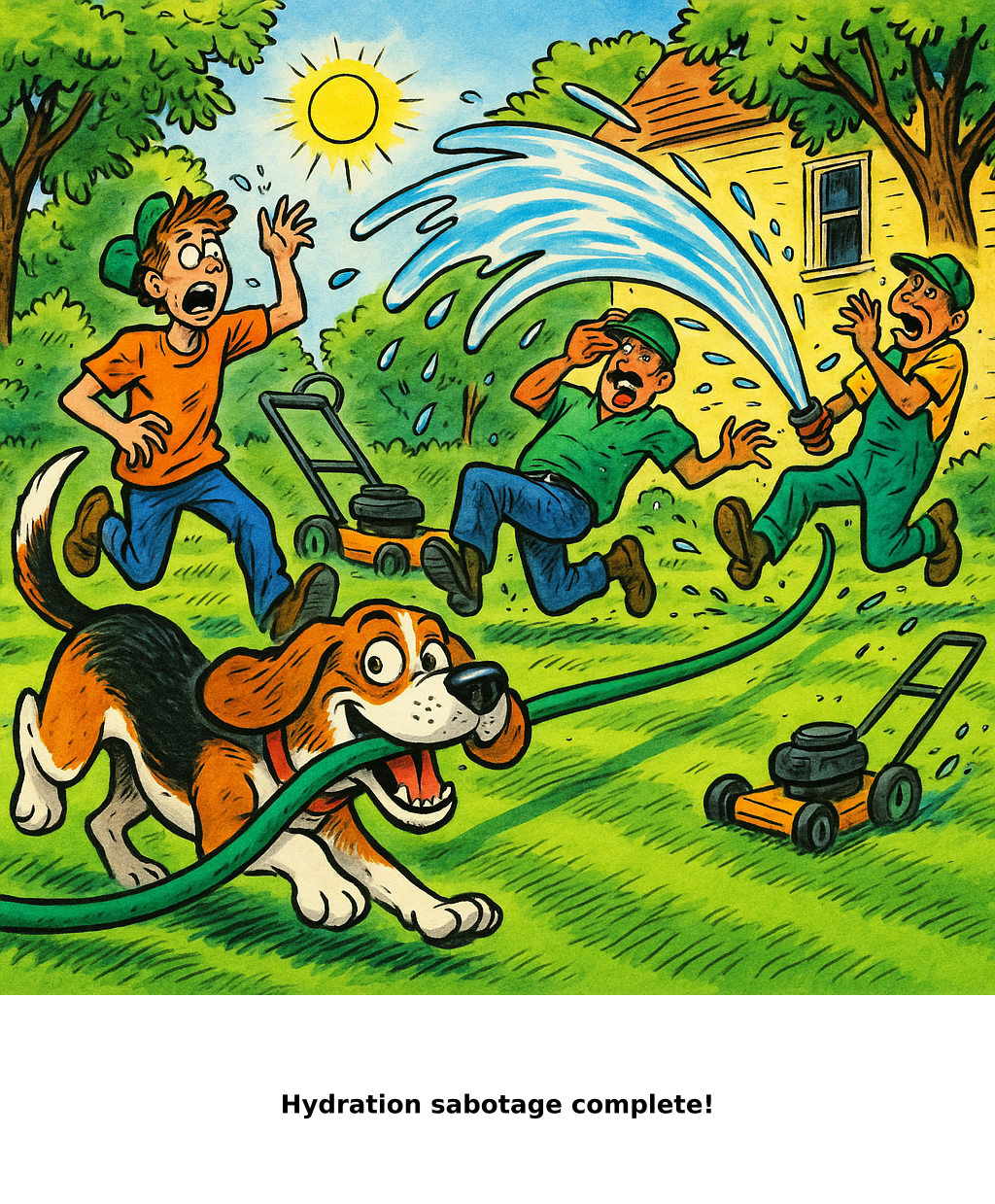 Daily Evil Beagle archive cartoon for June 15, 2026: Rufus thinks, "Hydration sabotage complete!"