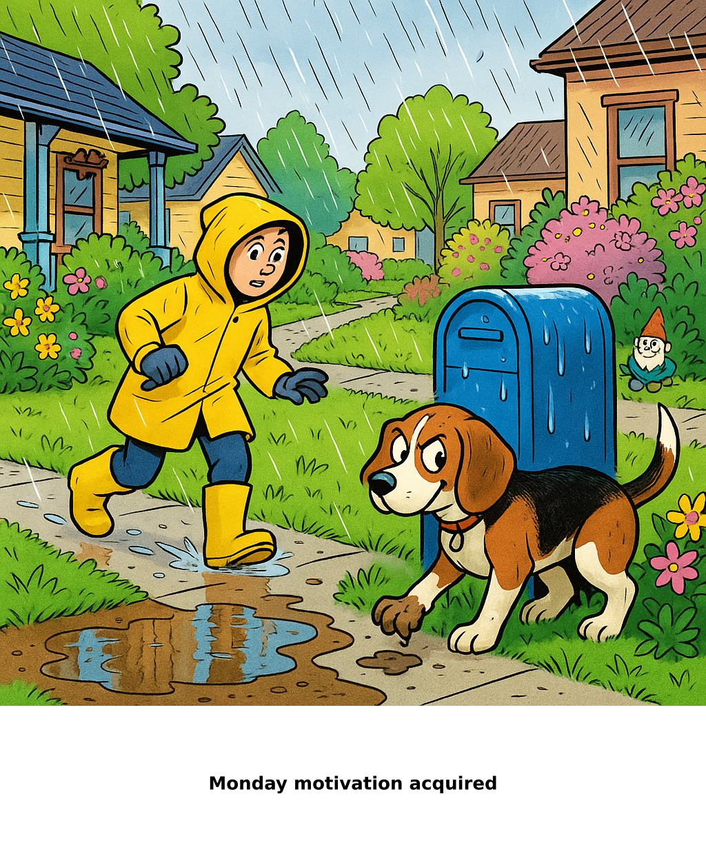 Daily Evil Beagle archive cartoon for May 25, 2026: Rufus thinks, "Monday motivation acquired"