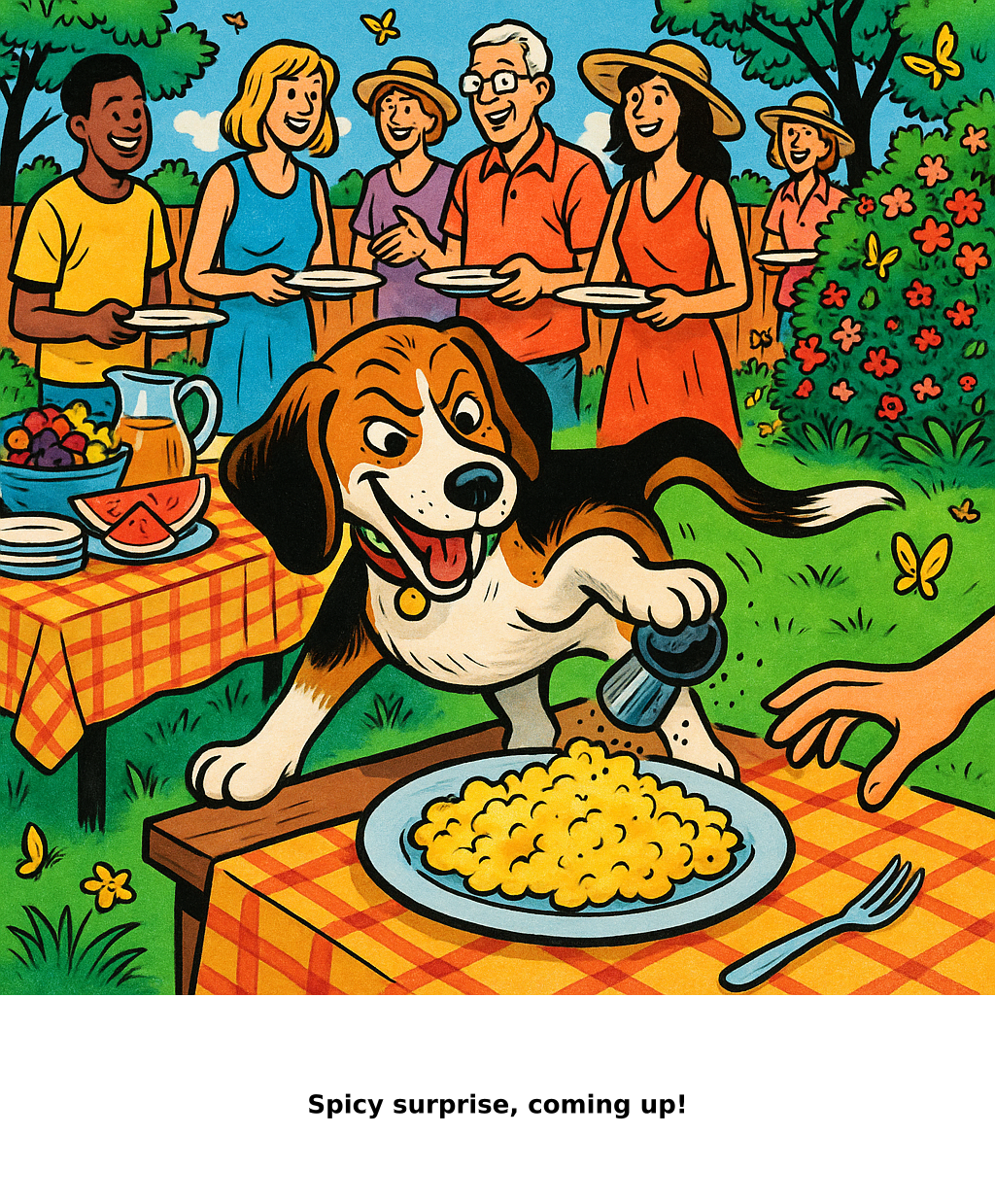 Daily Evil Beagle cartoon for August 9, 2026: Rufus thinks, "Spicy surprise, coming up!"