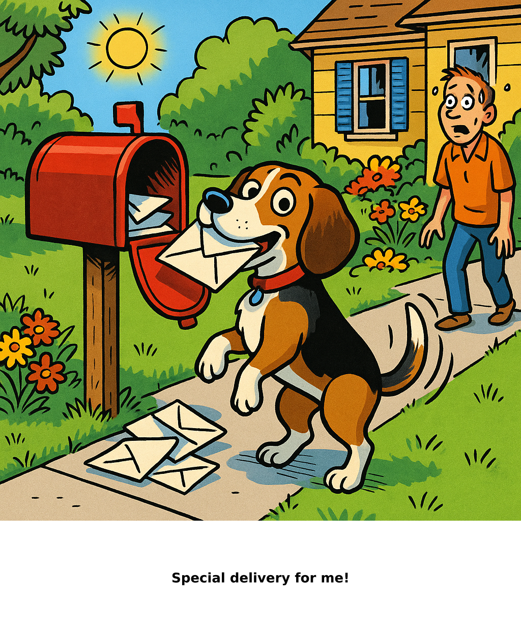Daily Evil Beagle archive cartoon for August 19, 2026: Rufus thinks, "Special delivery for me!"