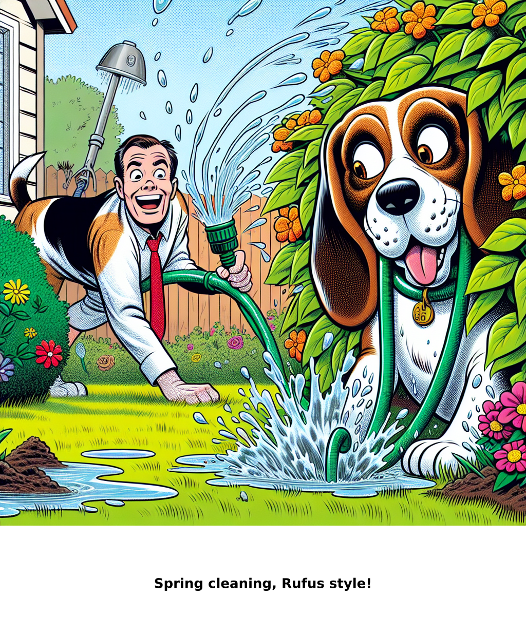 Daily Evil Beagle cartoon for May 12, 2026: Rufus thinks, "Spring cleaning, Rufus style!"