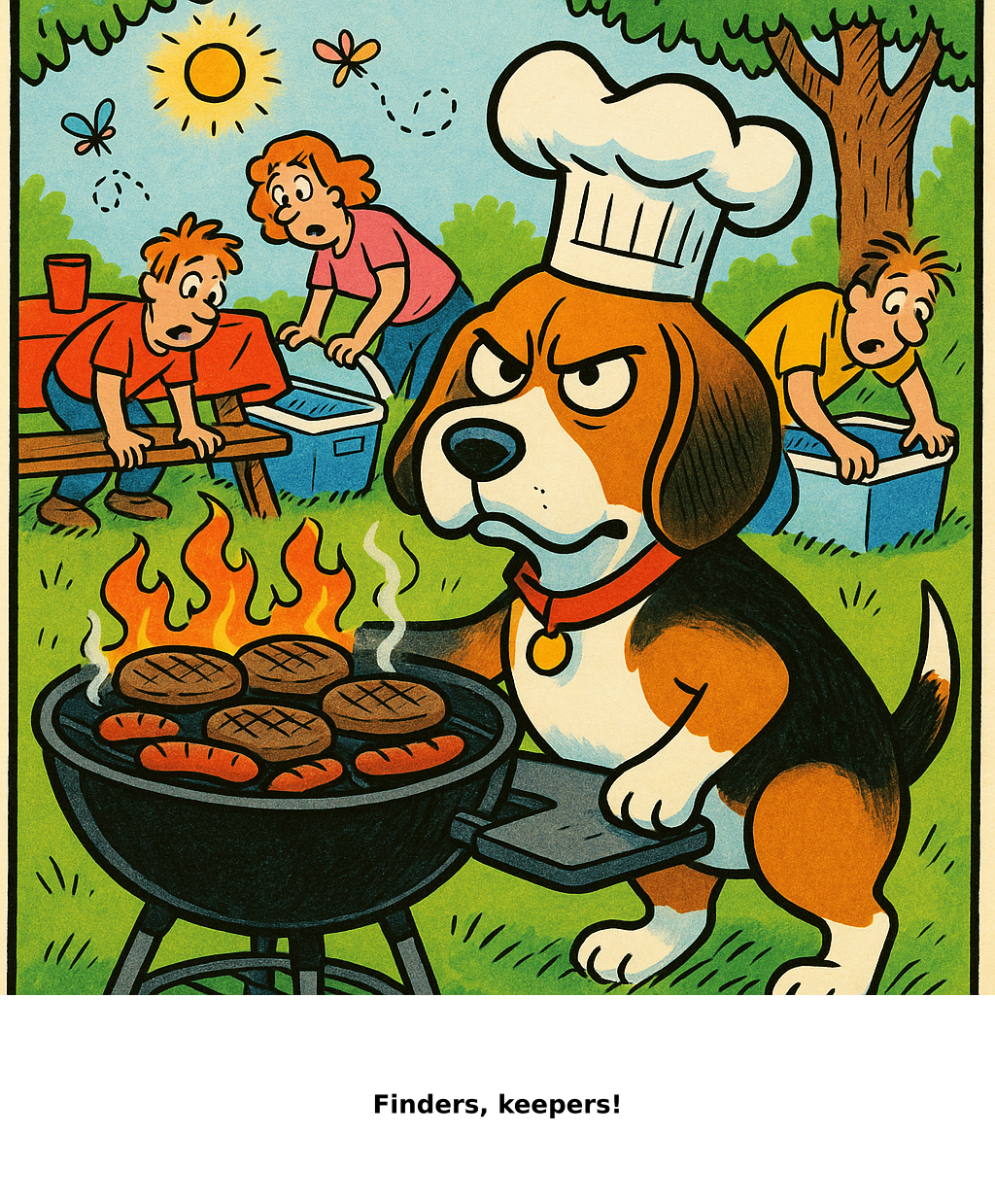 Daily Evil Beagle cartoon for July 30, 2026: Rufus thinks, "Finders, keepers!"