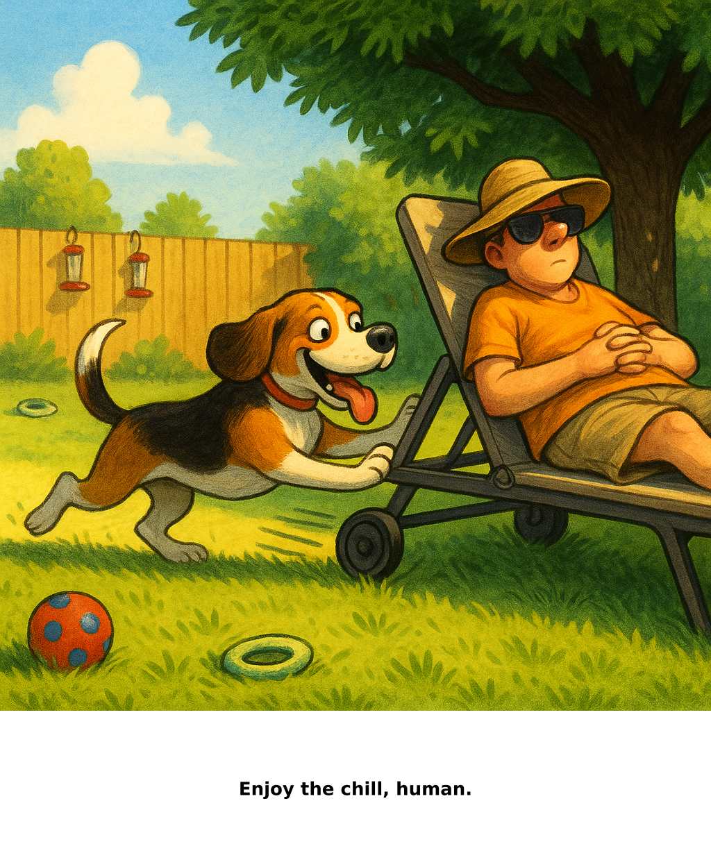 Daily Evil Beagle cartoon for July 26, 2026: Rufus thinks, "Enjoy the chill, human."