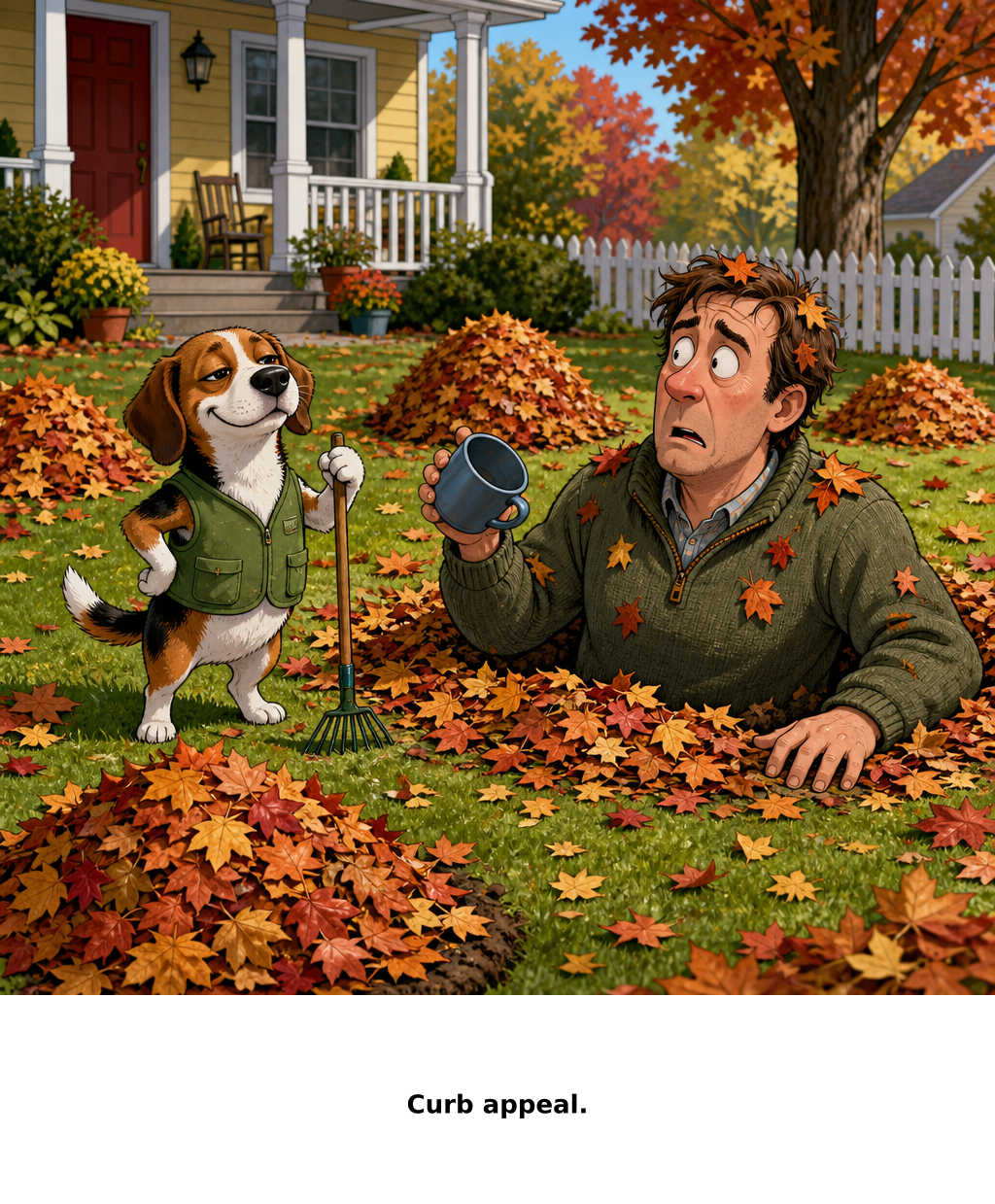 Daily Evil Beagle archive cartoon for September 20, 2026: I withdraw my compliment about the leaf piles.