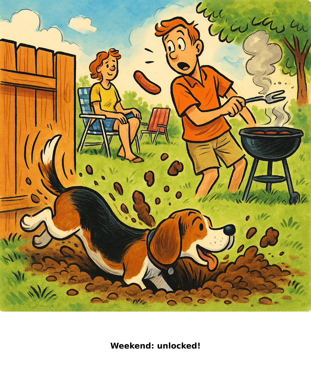 Daily Evil Beagle archive cartoon for July 31, 2026: Rufus thinks, "Weekend: unlocked!"
