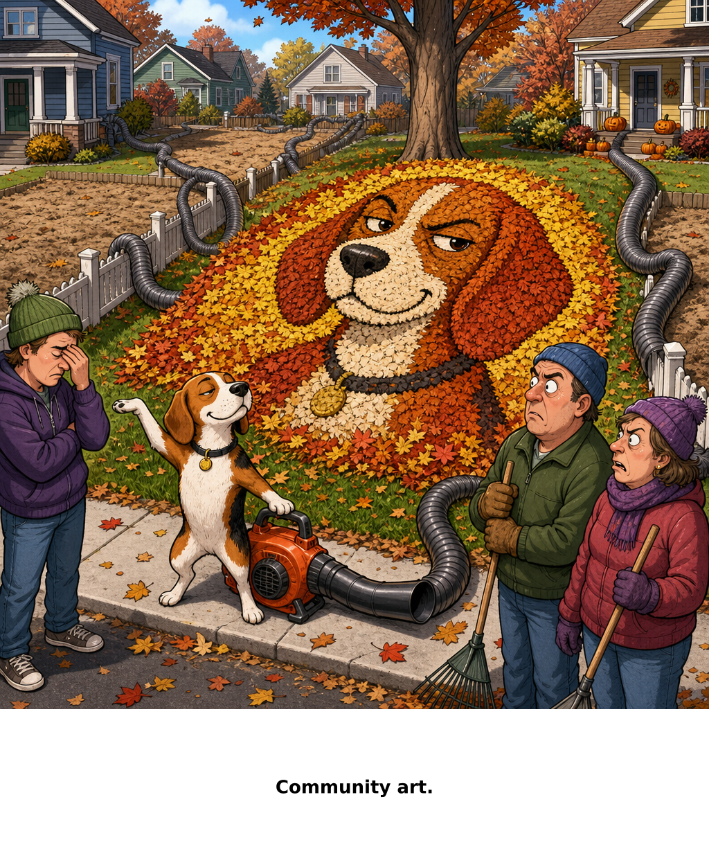 Daily Evil Beagle archive cartoon for September 15, 2026: Every yard contributed to the self-portrait.