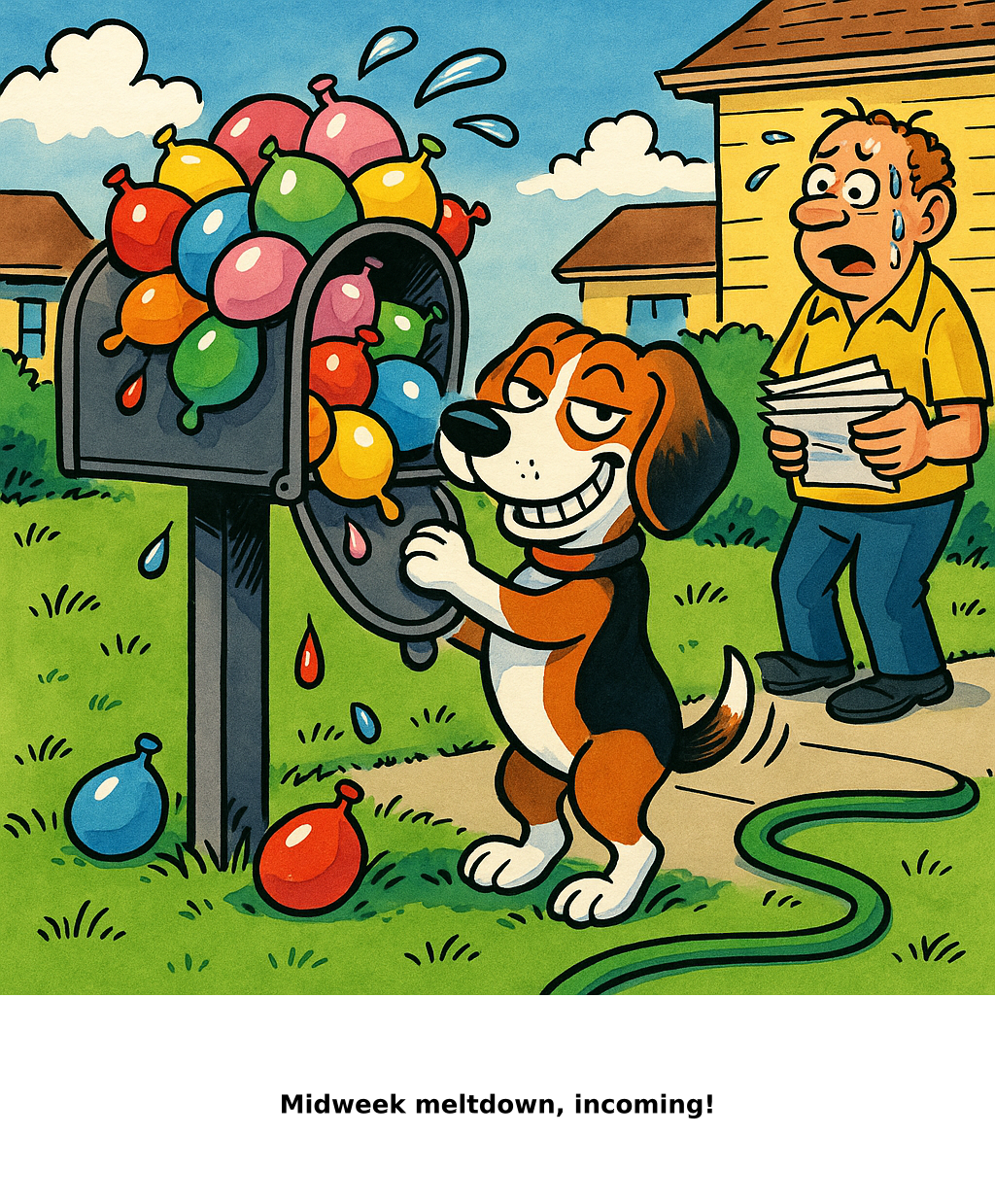 Daily Evil Beagle cartoon for July 1, 2026: Rufus thinks, "Midweek meltdown, incoming!"