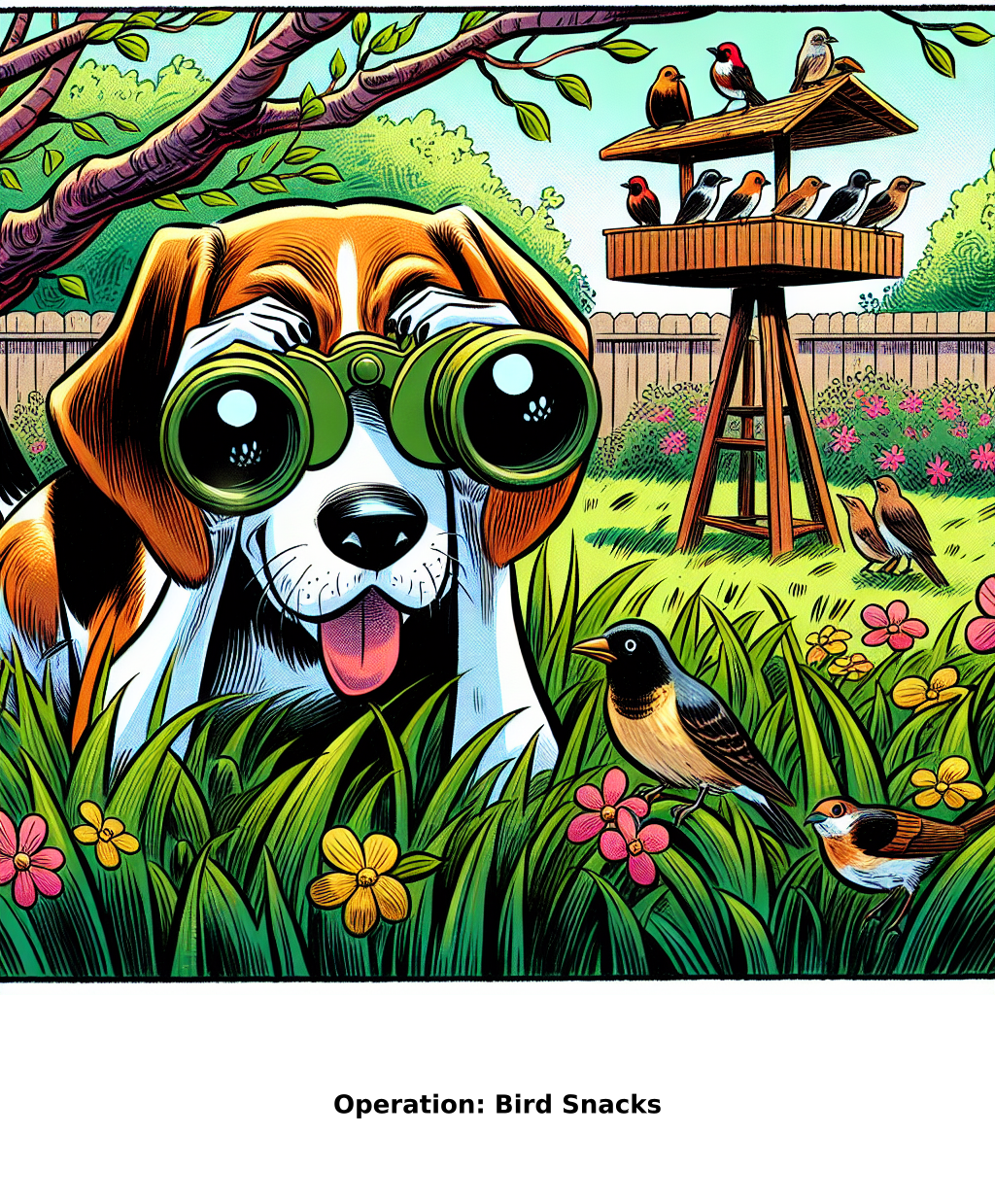 Daily Evil Beagle cartoon for May 7, 2026: Rufus thinks, "Operation: Bird Snacks"