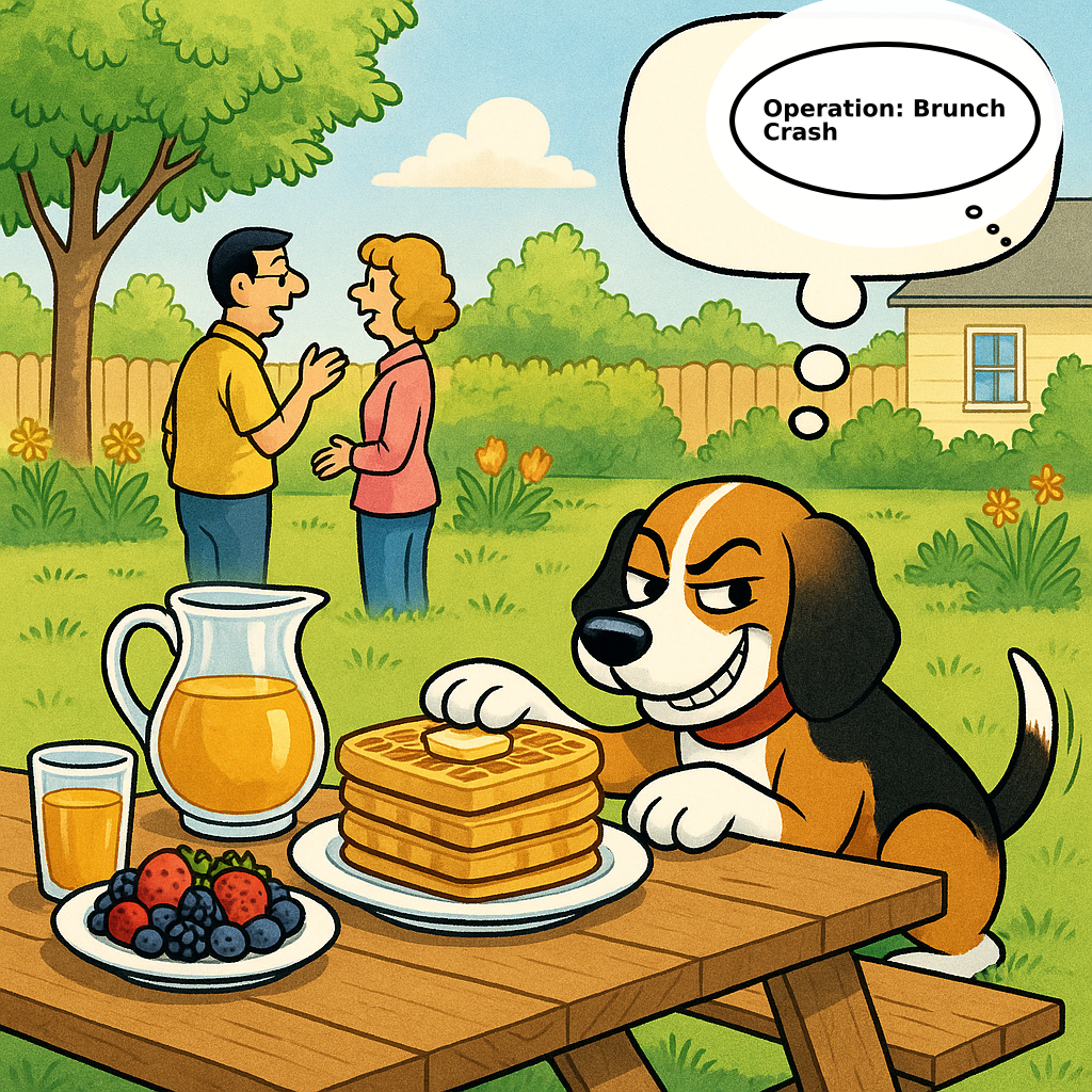 Daily Evil Beagle cartoon for May 17, 2026: Rufus thinks, "Operation: Brunch Crash"