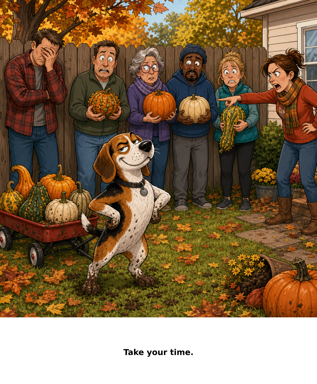 Daily Evil Beagle archive cartoon for September 30, 2026: Rufus, she was identifying pumpkins.