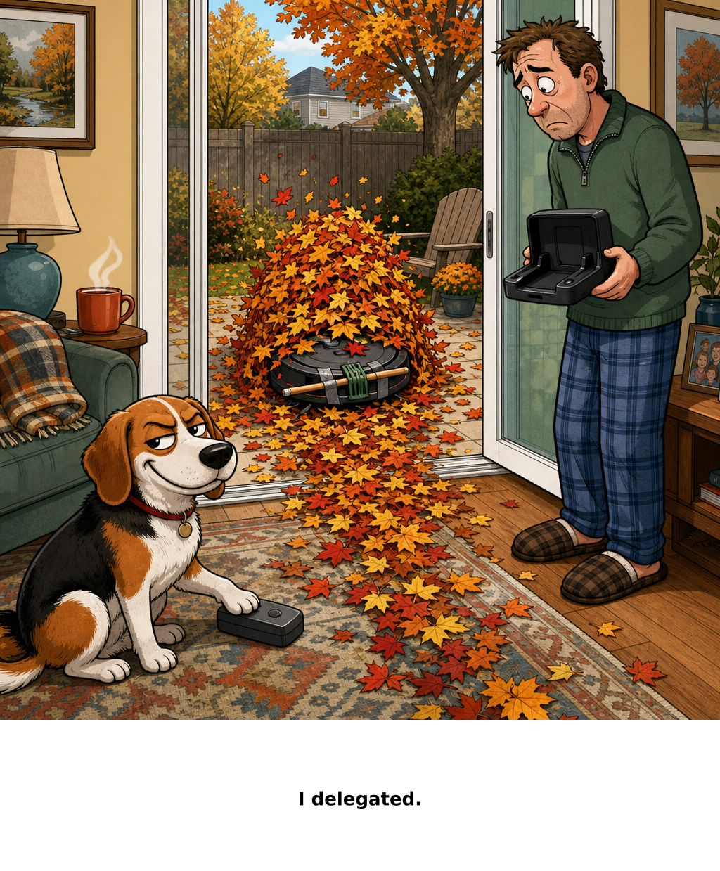 Daily Evil Beagle cartoon for September 22, 2026: Somewhere beneath the maple, the living room was still being cleaned.