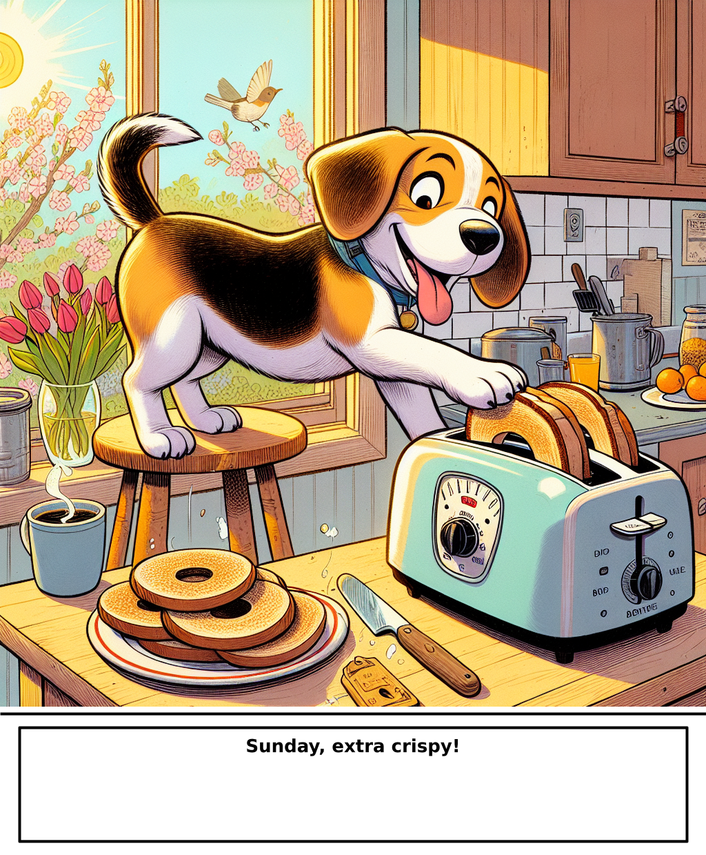 Daily Evil Beagle cartoon for May 3, 2026: Rufus thinks, "Sunday, extra crispy!"