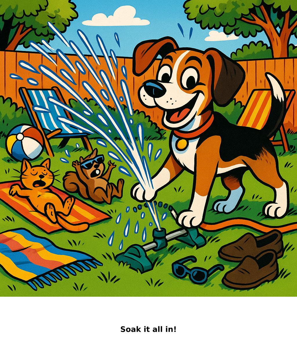 Daily Evil Beagle cartoon for July 25, 2026: Rufus thinks, "Soak it all in!"