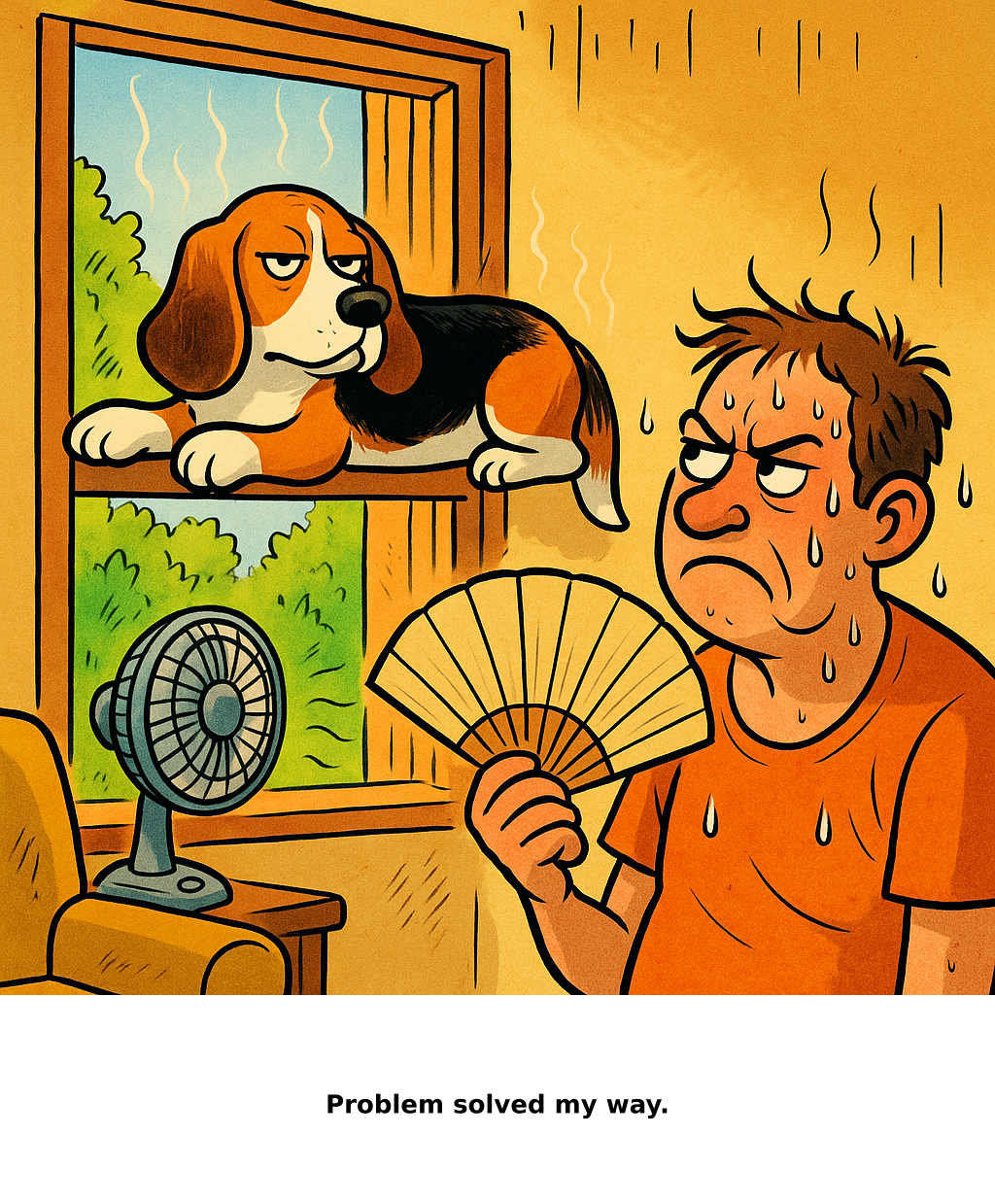 Daily Evil Beagle cartoon for June 23, 2026: Rufus thinks, "Problem solved my way."