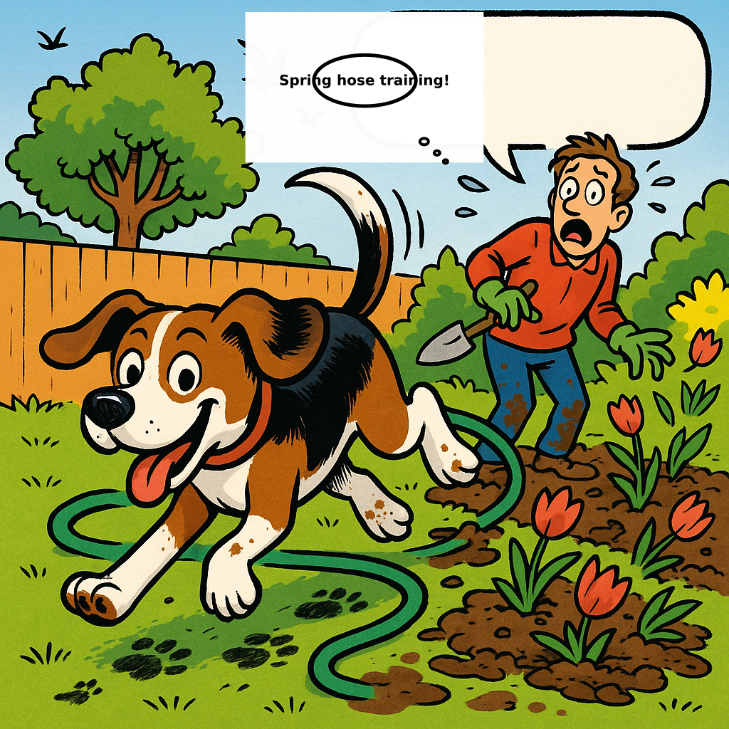 Daily Evil Beagle cartoon for May 16, 2026: Rufus thinks, "Spring hose training!"