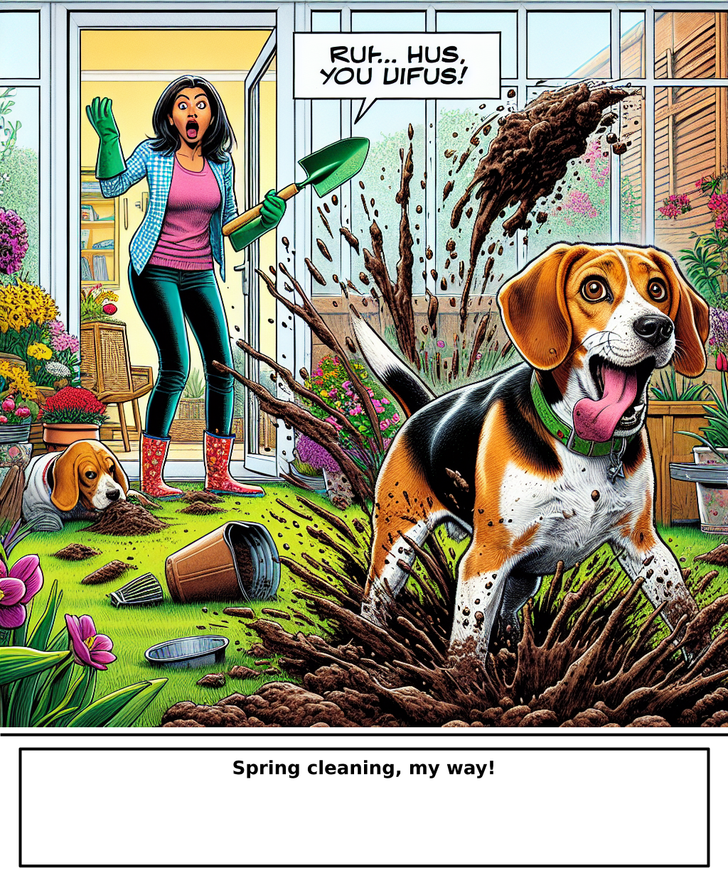 Daily Evil Beagle archive cartoon for May 2, 2026: Rufus thinks, "Spring cleaning, my way!"