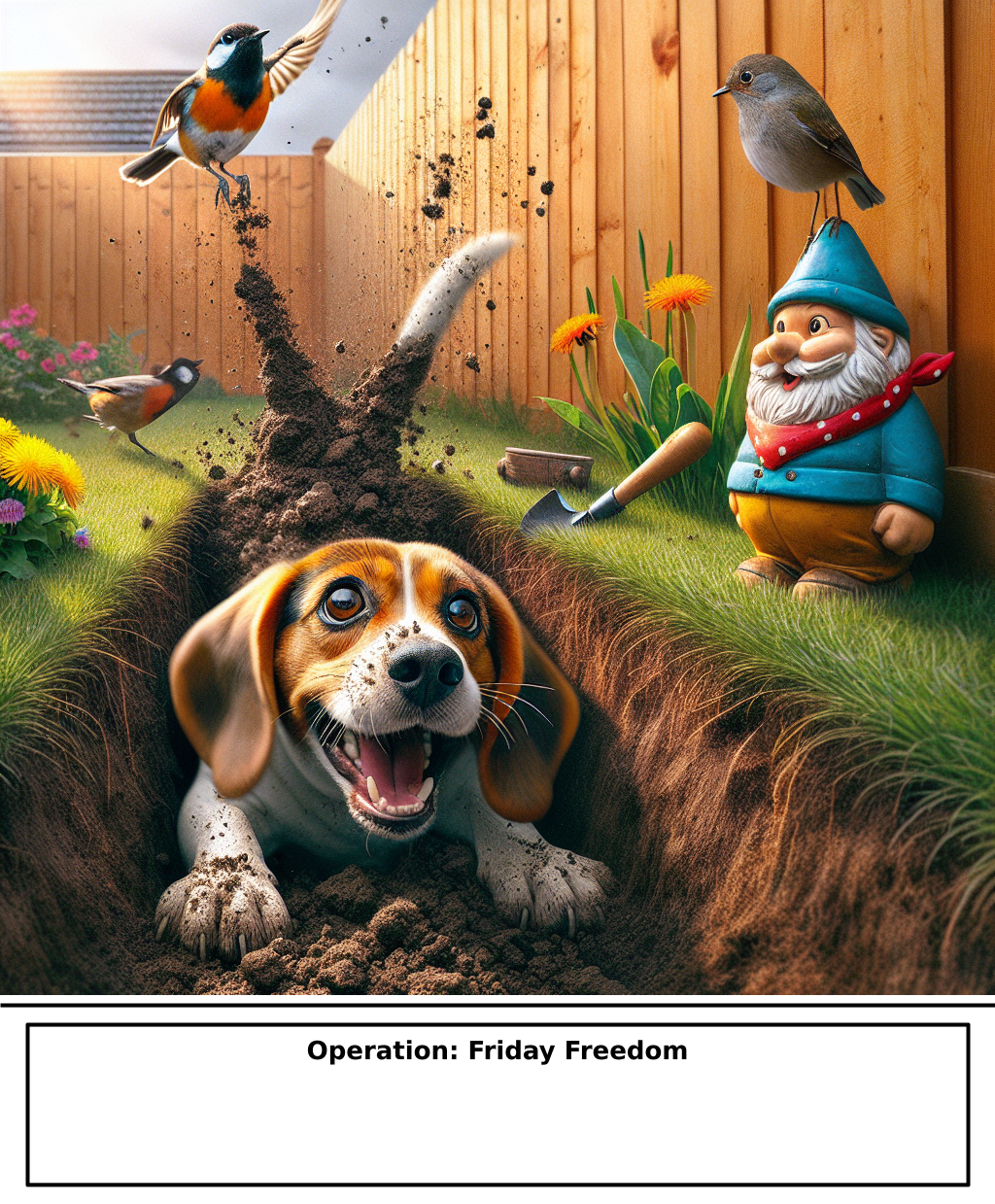 Daily Evil Beagle cartoon for May 1, 2026: Rufus thinks, "Operation: Friday Freedom"