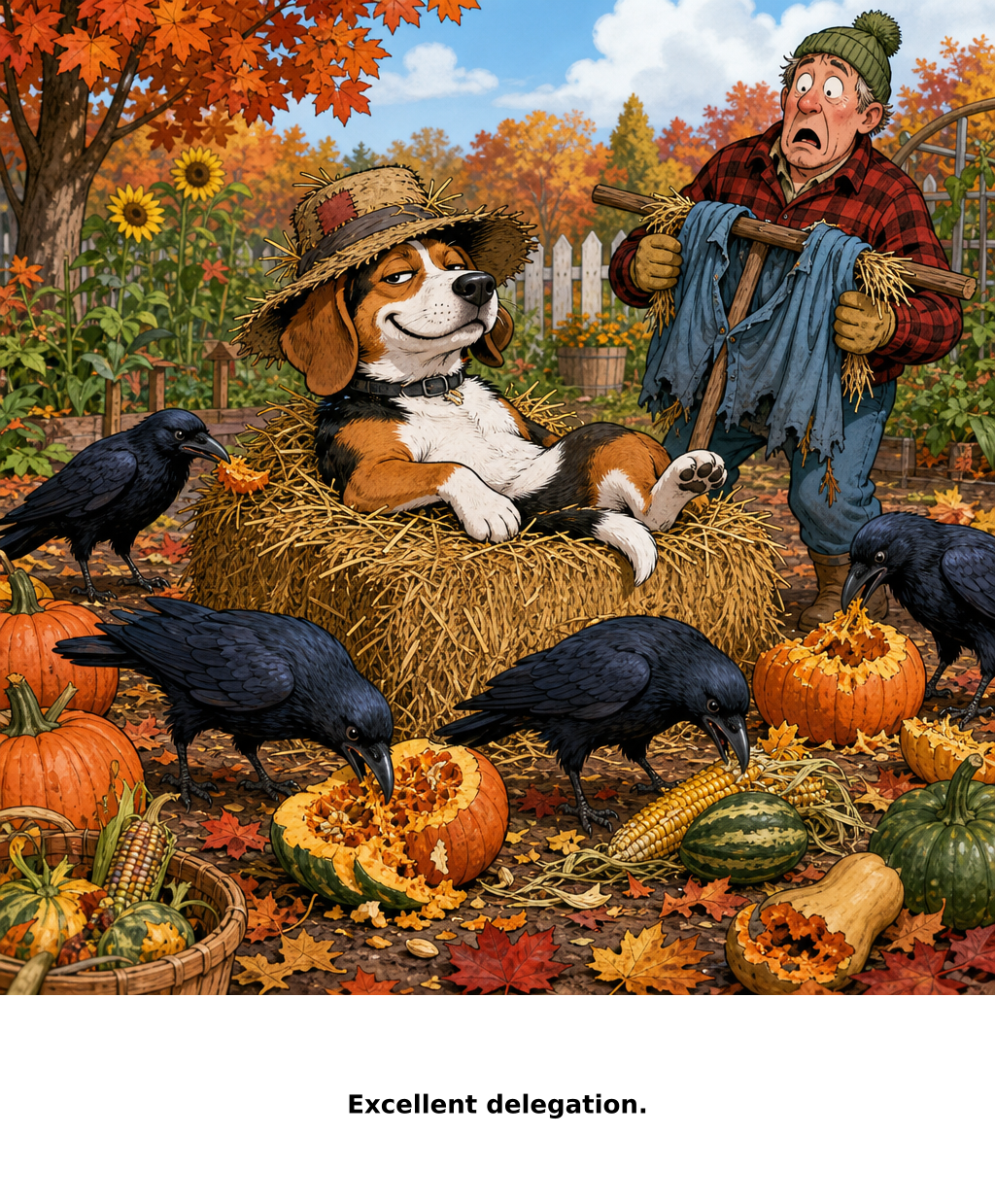 Daily Evil Beagle cartoon for October 10, 2026: The crows rated the new security guard highly.