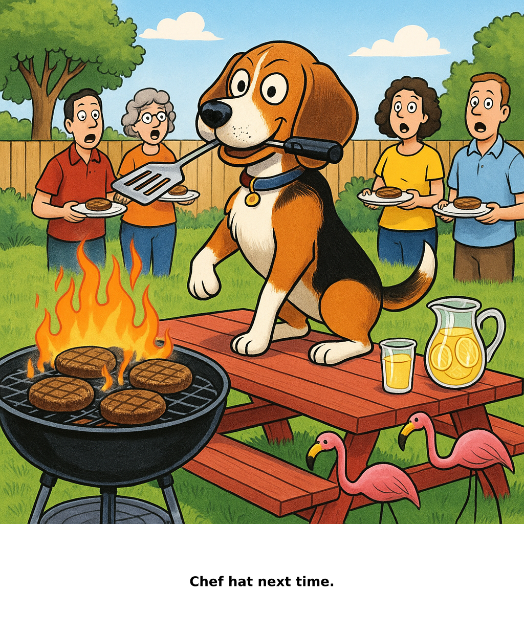 Daily Evil Beagle cartoon for June 20, 2026: Rufus thinks, "Chef hat next time."