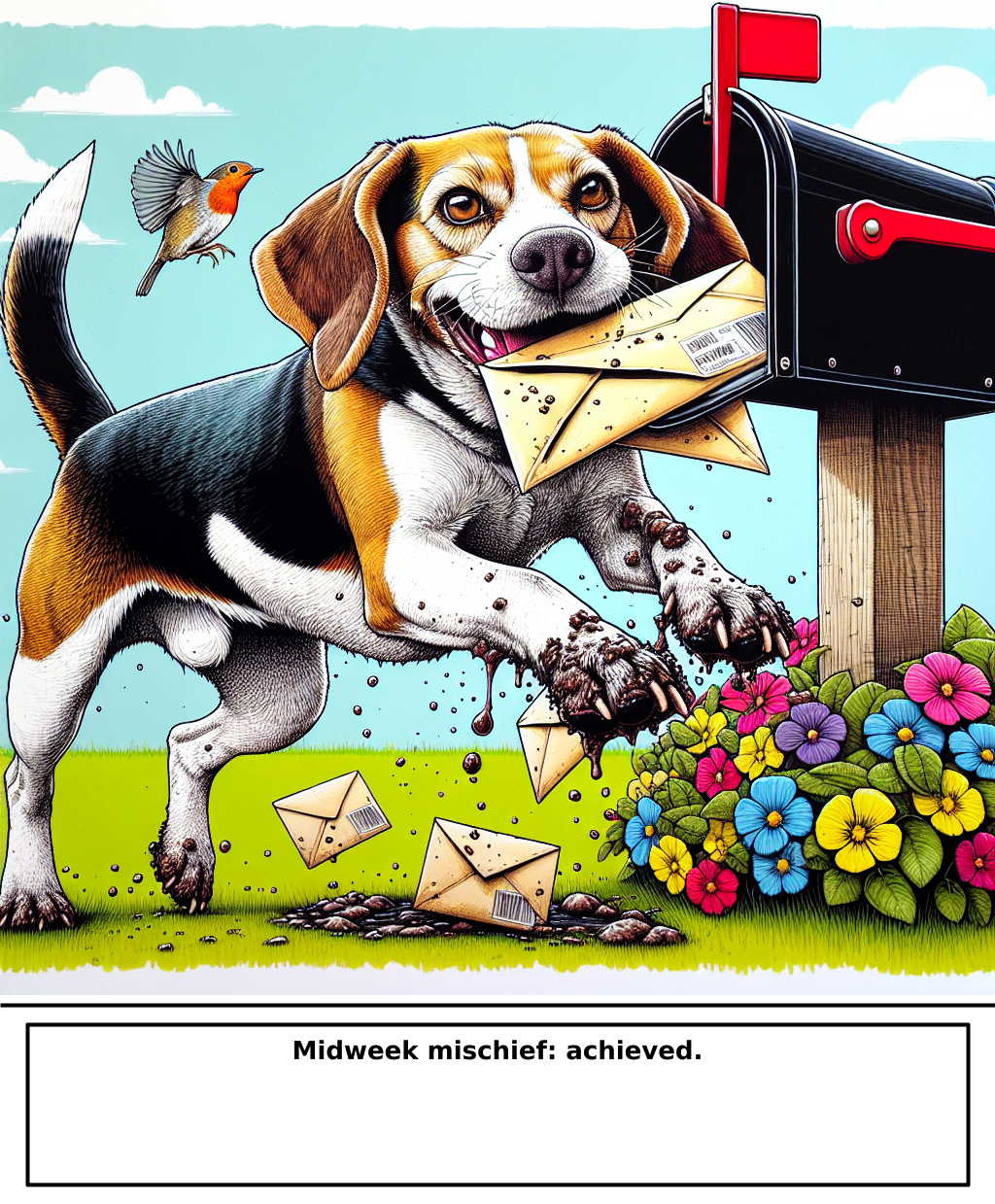 Daily Evil Beagle cartoon for April 29, 2026: Rufus thinks, "Midweek mischief: achieved."