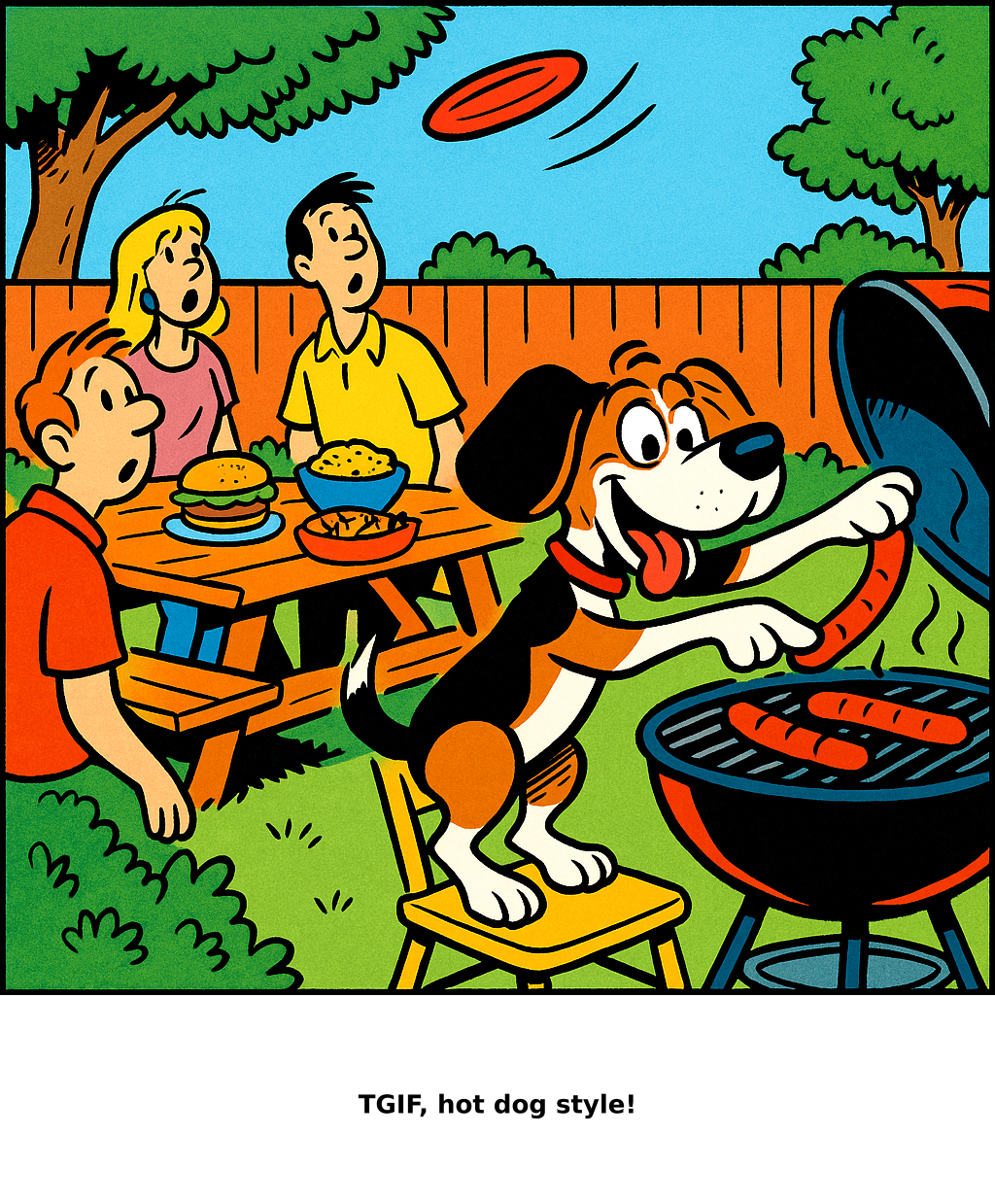 Daily Evil Beagle cartoon for June 12, 2026: Rufus thinks, "TGIF, hot dog style!"