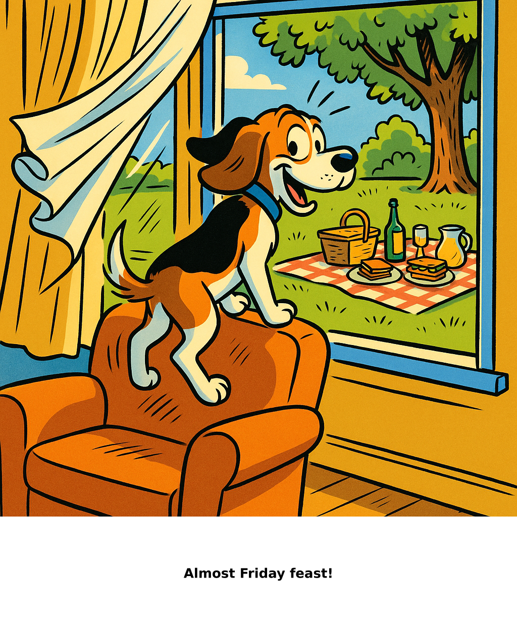 Daily Evil Beagle cartoon for June 11, 2026: Rufus thinks, "Almost Friday feast!"