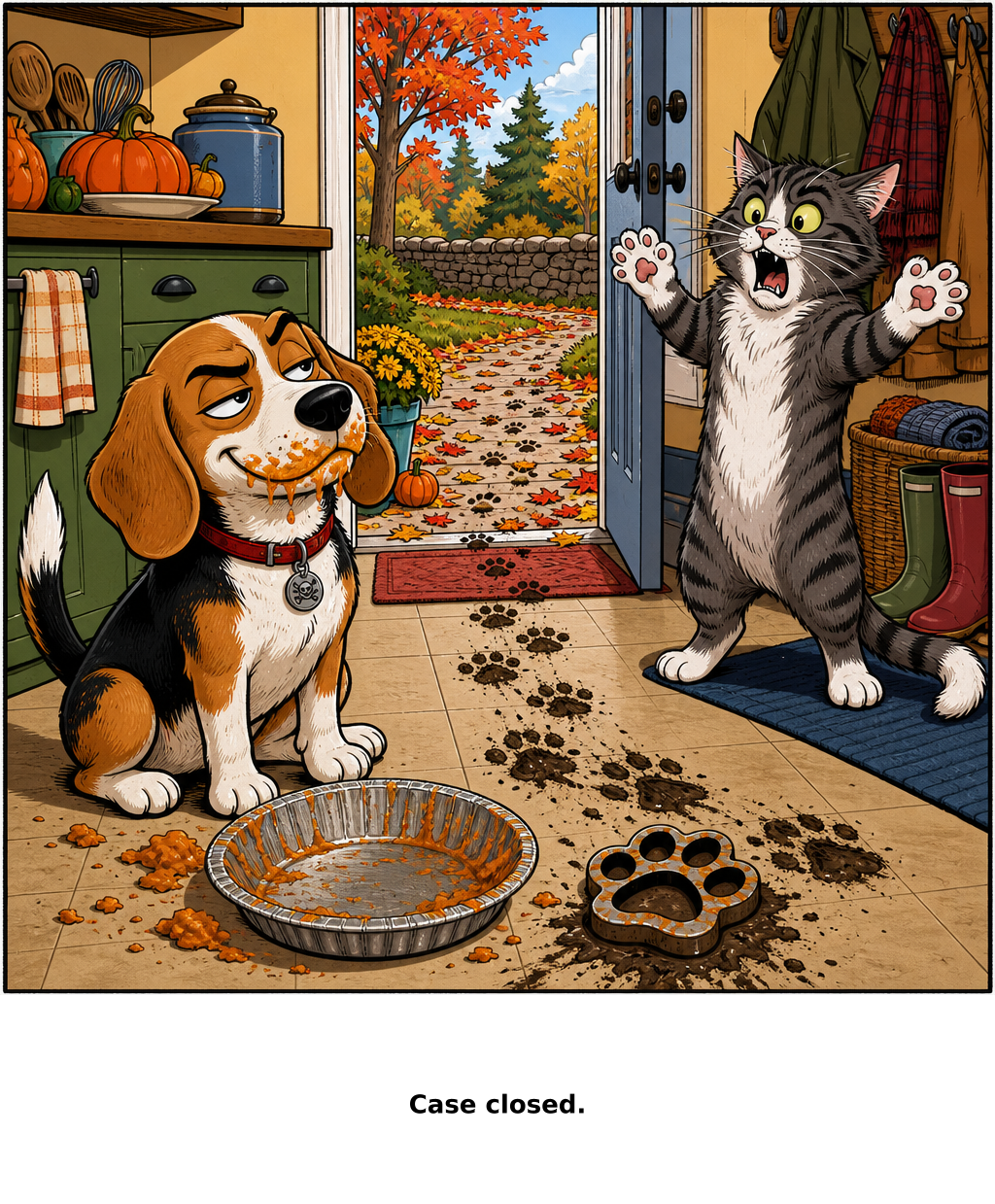 Daily Evil Beagle cartoon for September 7, 2026: The cat would like the stencil entered as Exhibit A.