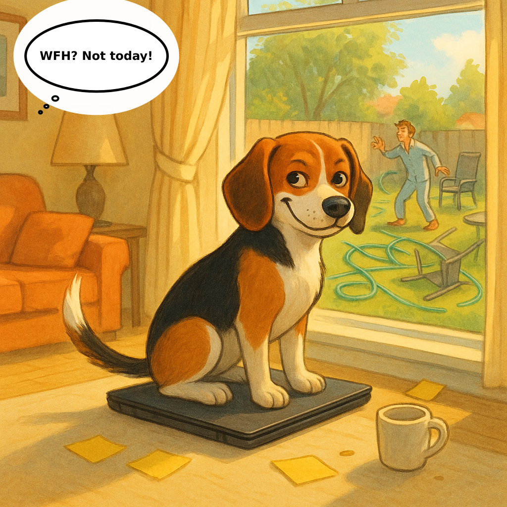 Daily Evil Beagle cartoon for August 24, 2026: Rufus thinks, "WFH? Not today!"