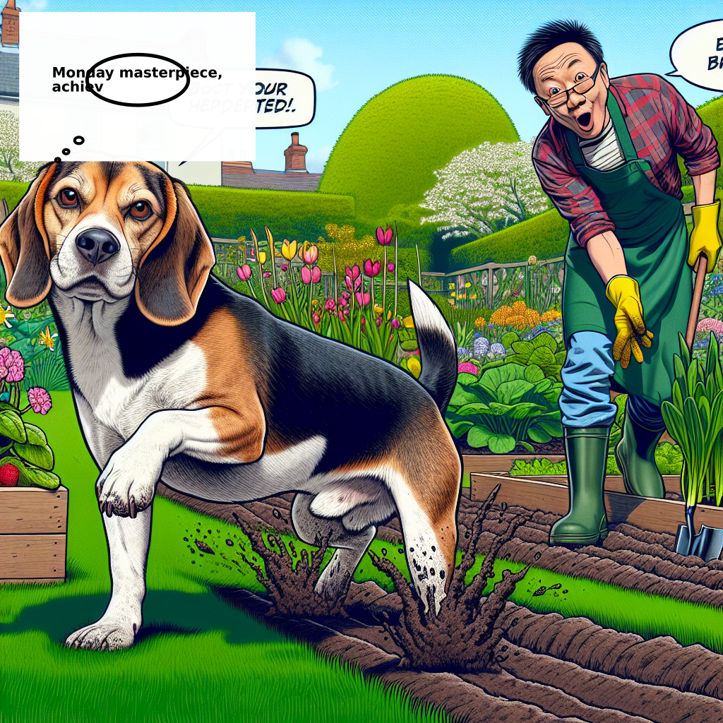 Daily Evil Beagle archive cartoon for April 27, 2026: Rufus thinks, "Monday masterpiece, achiev"