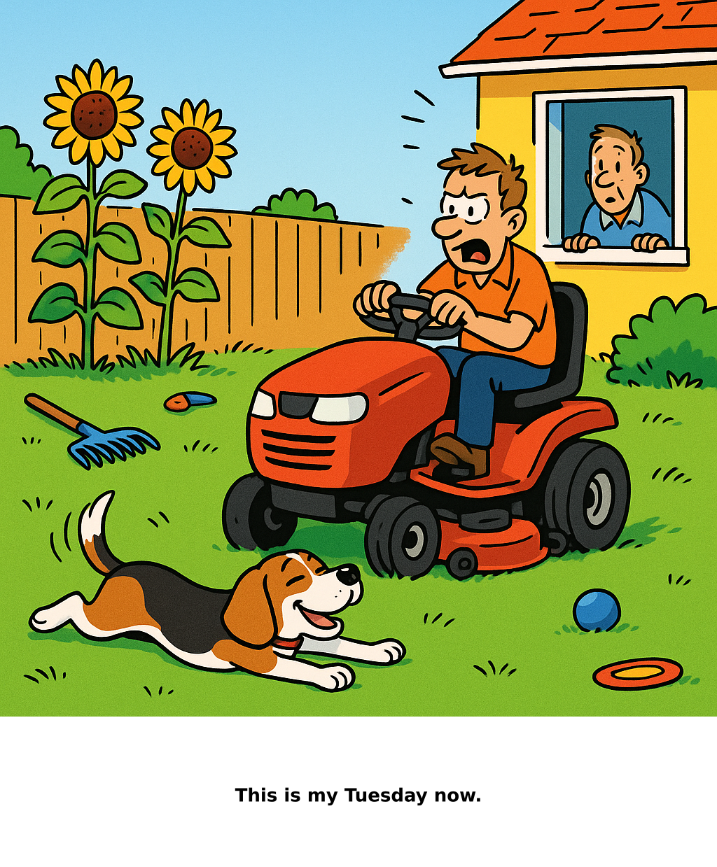 Daily Evil Beagle cartoon for June 16, 2026: Rufus thinks, "This is my Tuesday now."