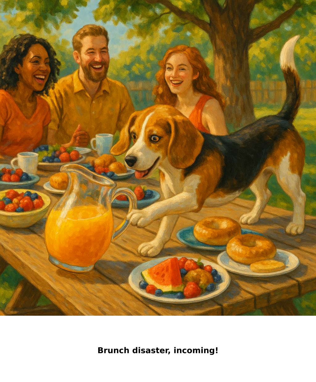 Daily Evil Beagle archive cartoon for June 28, 2026: Rufus thinks, "Brunch disaster, incoming!"