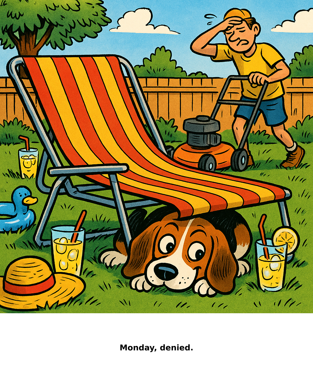 Daily Evil Beagle archive cartoon for August 10, 2026: Rufus thinks, "Monday, denied."