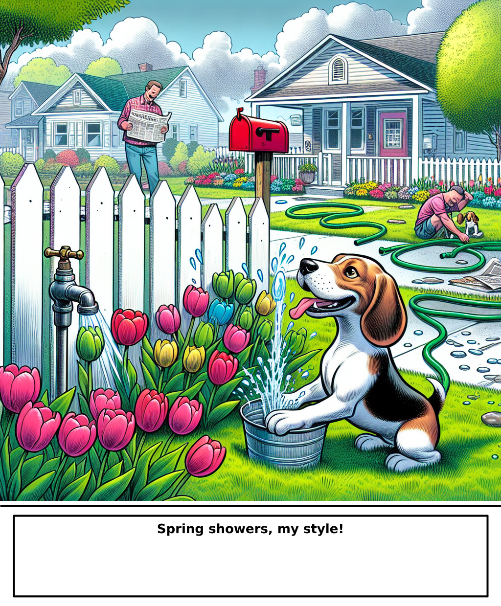 Daily Evil Beagle cartoon for April 25, 2026: Rufus thinks, "Spring showers, my style!"