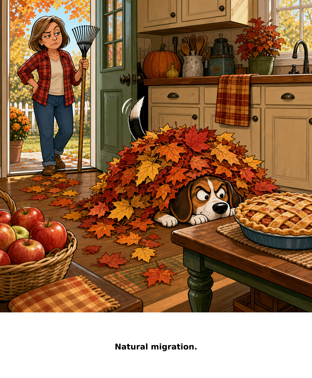 Daily Evil Beagle cartoon for September 2, 2026: The leaf pile inched toward the pie with surprising confidence.