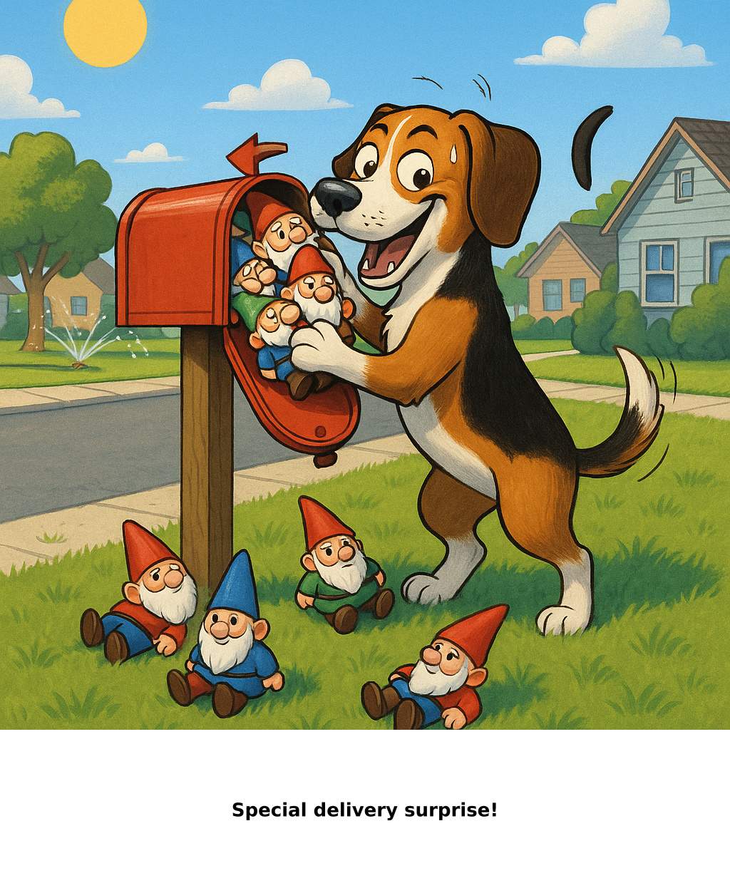 Daily Evil Beagle cartoon for June 24, 2026: Rufus thinks, "Special delivery surprise!"