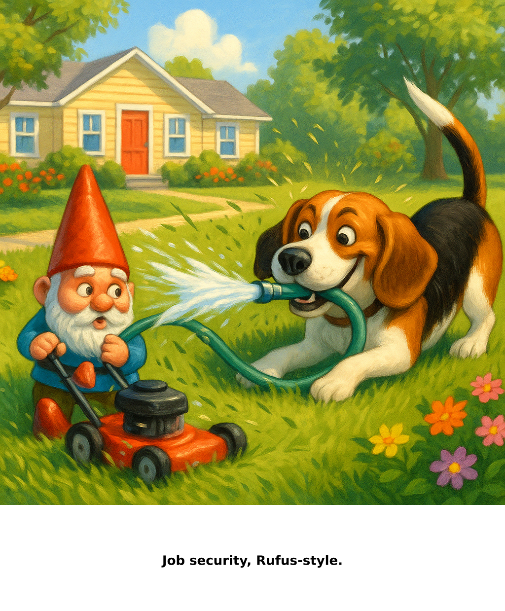 Daily Evil Beagle cartoon for June 8, 2026: Rufus thinks, "Job security, Rufus-style."