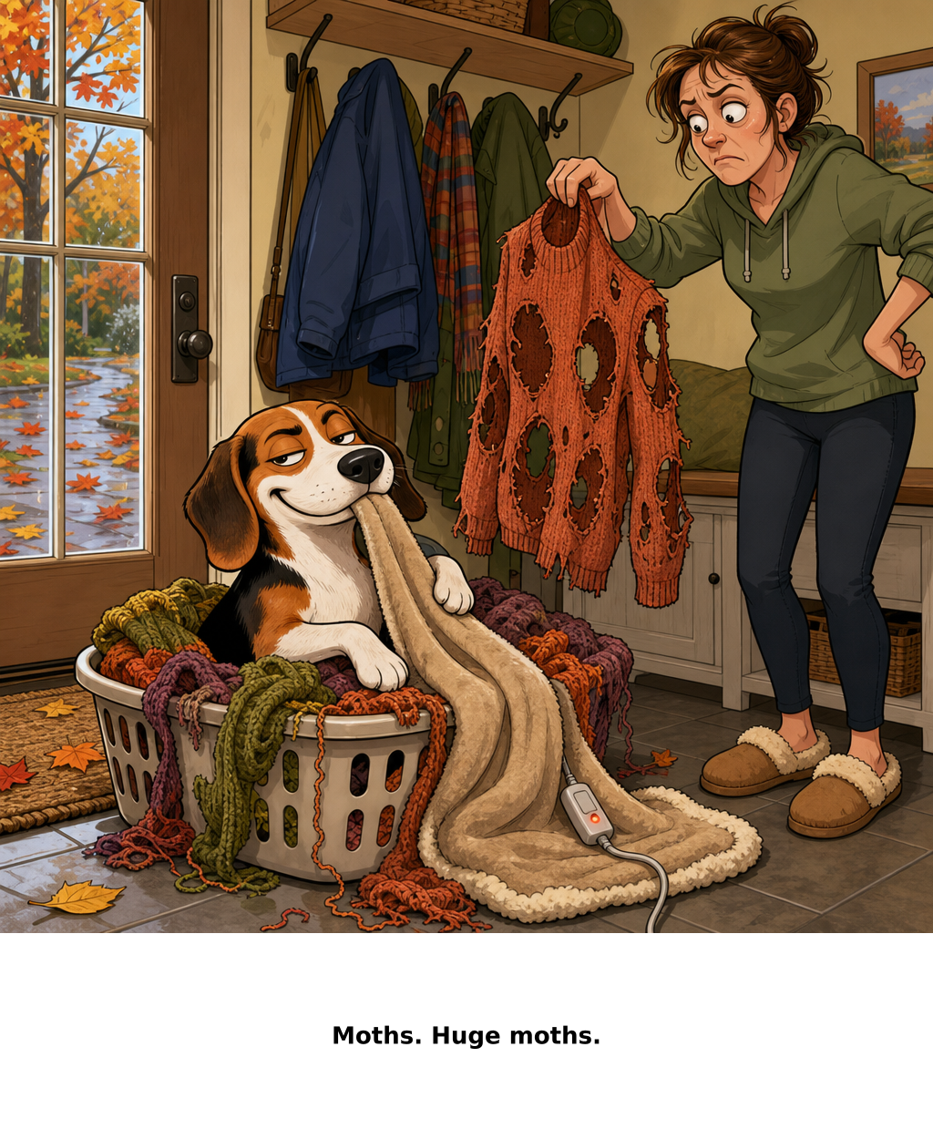 Daily Evil Beagle cartoon for October 5, 2026: Her sweaters had entered the food chain; the apex predator was dragging in the heated blanket.